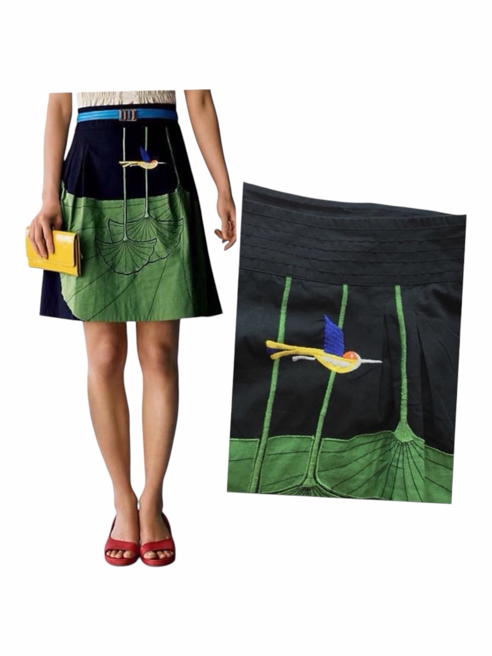 Anthropologie Floreat Miroslav Embroidered Ginkgo Hummingbird Skirt Size 10